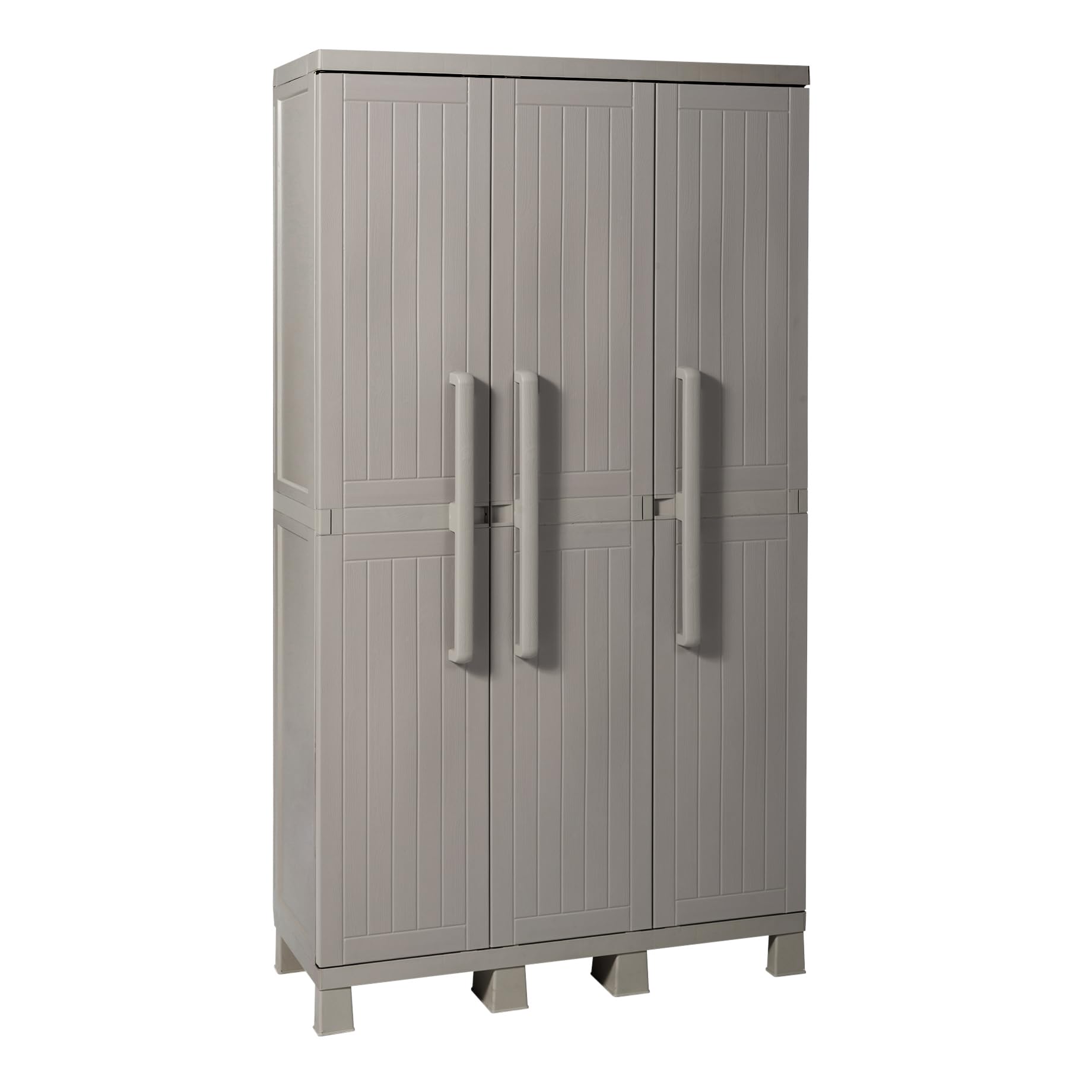 Toomax Armadio Wood Midi a 3 ante con 4 ripiani regolabili, 97x37x173h cm in plastica resistente effetto legno grigio tortora, con piedini e predisposizione per lucchetto, ideale per garage e cantine