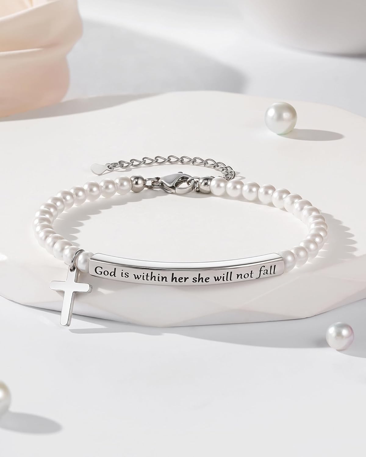 Valentines Day Gifts for Tween Girls, Adjustable Pearl Cross Bracelet, Religious Girls Valentines Gifts for Granddaughter and Teen Girl for Baptist, Birthday, Confirmation, Christmas - Image 3