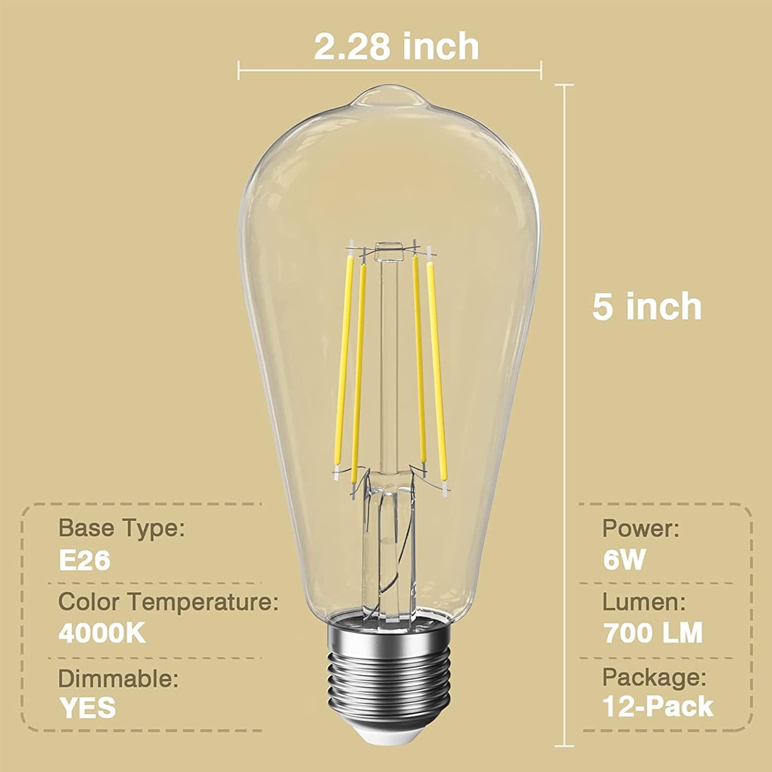 SHINESTAR 12-Pack E26 LED Bulb 60 watt, Dimmable, Vintage Edison Light Bulbs, 4000K Bright White