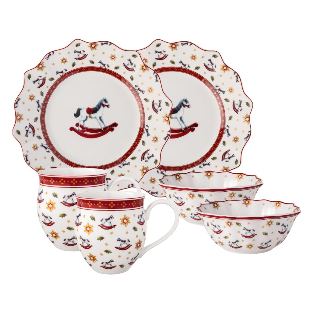 Villeroy & Boch - Toy's Delight set da colazione per 2, motivo cavallo a dondolo 6 pezzi multicolore, servizio con piatti da colazione, tazze e ciotole, stoviglie natalizie, porcellana Premium