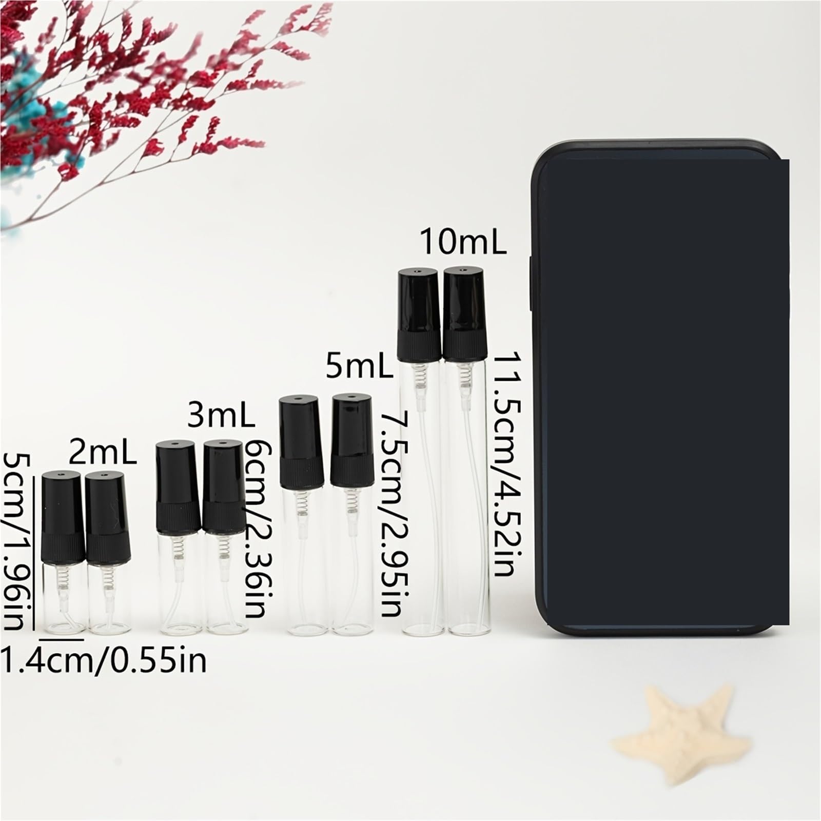 Parfümzerstäuber 50 Stück 6 Zubehörteile Transparente Parfümflaschen aus Glas, nachfüllbare Sprühflaschen, 0,07 oz,1,17,34(10ml)