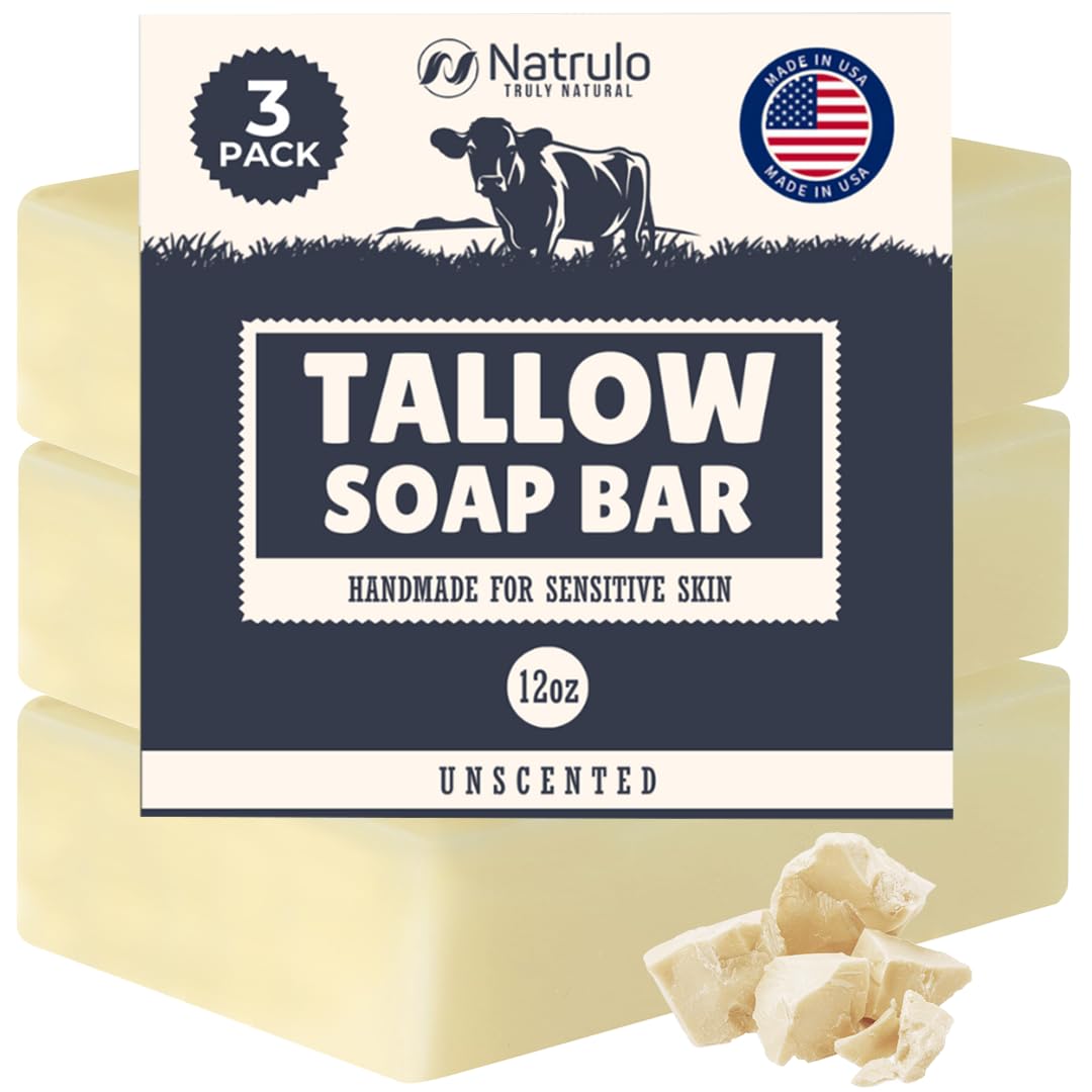 Beef Tallow Soap Bar – All Natural Grass Fed Tallow Soap Unscented – Moisturizing Face & Body Wash Great for Eczema, Dry, Itchy, Sensitive Skin –