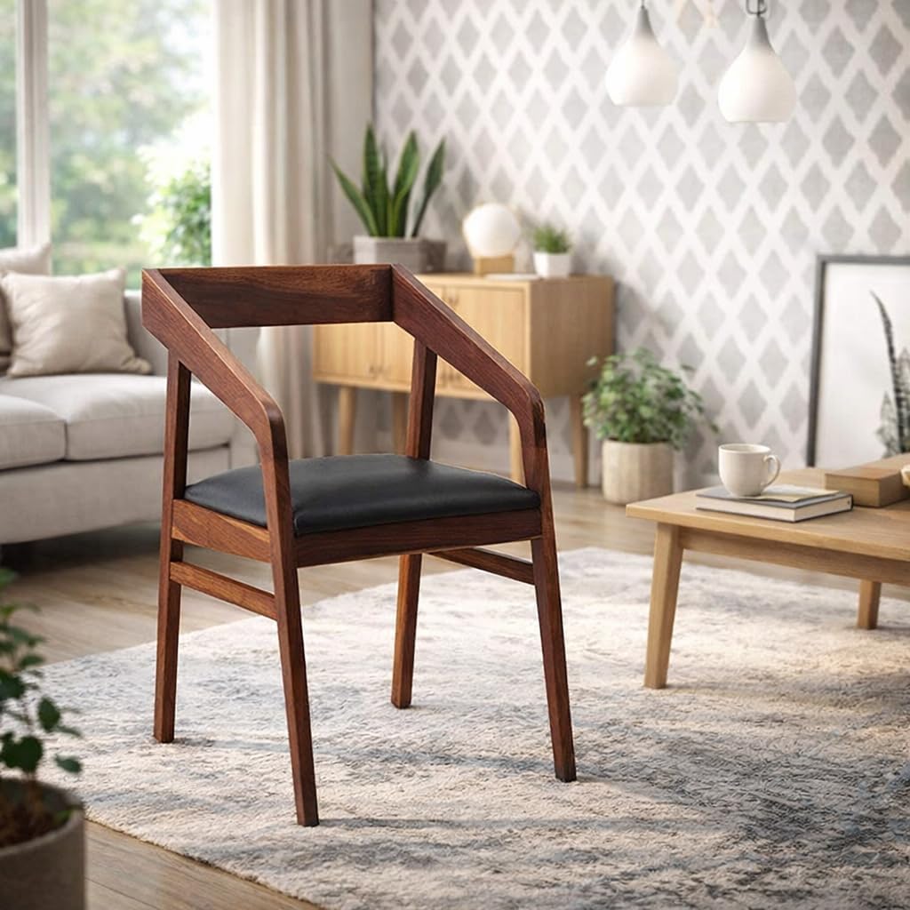 Solid Sheesham Wood Dining Chair with Cushion Seat | Modern Wooden Arm Chair | Upholstered Accent Chair for Dining Room, Living Room, Café, Restaurant, Office | Walnut Finish-image-44