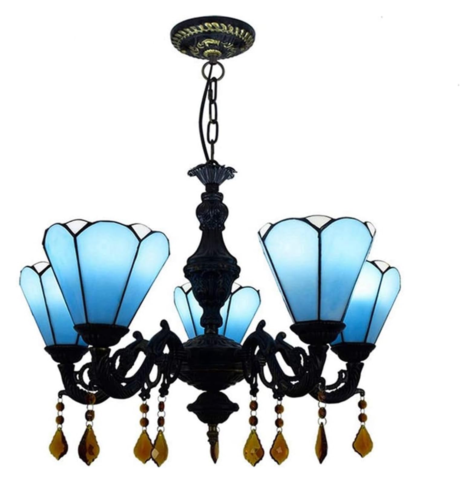 METTEOR Ceiling Lamp Ceiling Pendant Light Fixture 24" Tiffany 5 Heads Chandelier Retro Hanging Light Mediterranean Blue Pendant Light Stained Glass