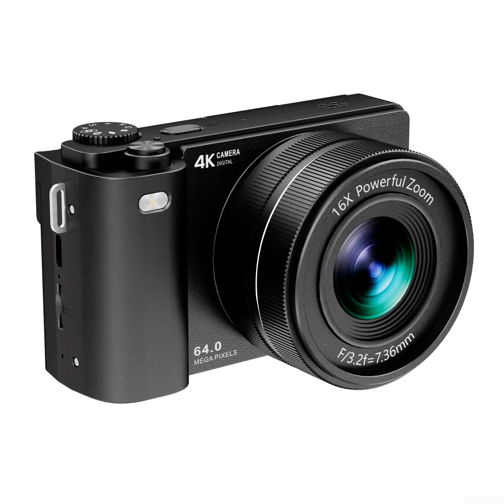 Fotocamera digitale per fotografia e vlogging con video MP4 4K, uscita JPG da 64 MP, zoom 16X e schermo rotante a 180 gradi (nero)