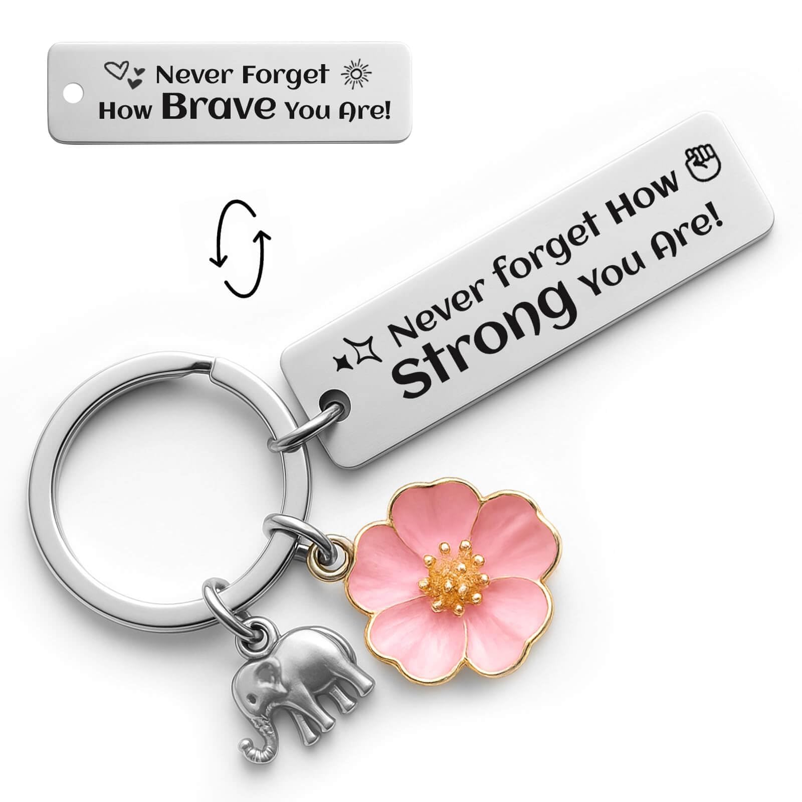 Bluradio Inspirational Keychain for Women, Motivational Gift “Never Forget How Strong You Are” Stainless Steel Keychain with Elephant & Flower Charms, Birthday Gifts for Women, Mom, Best Friend