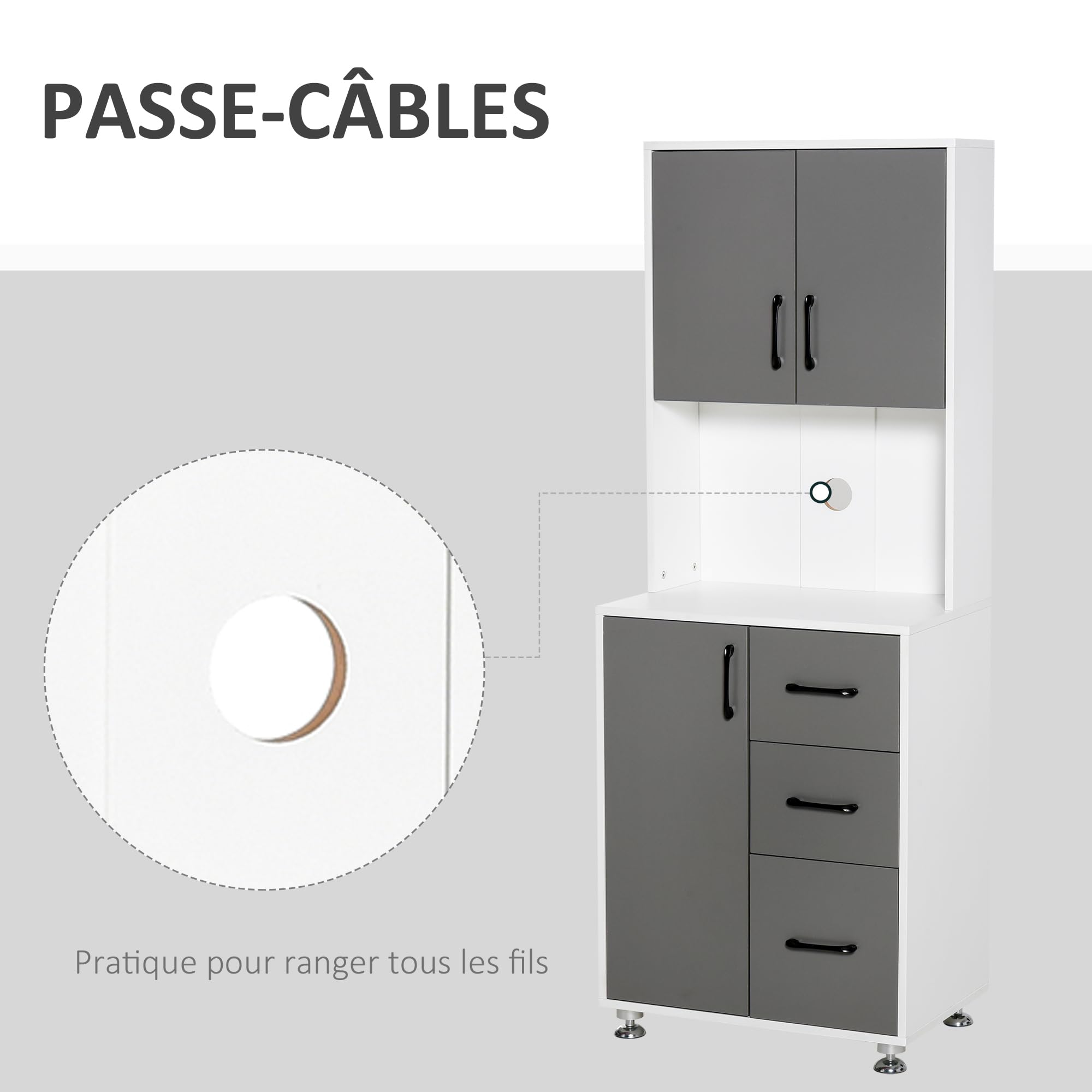 HOMCOM Armoire de Cuisine Multi-Rangements 60L x 40l x 160H cm Gris Blanc