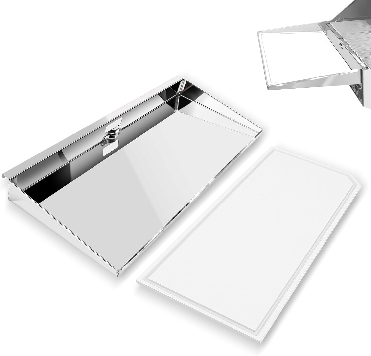 A10-902 Rectangular Grill Serving Shelf with Removable Cutting Board for 9” x 18” or Larger Rectangular Grills, Food-Grade stainless steel Ideal for Camping, Boating, RV Cooking
