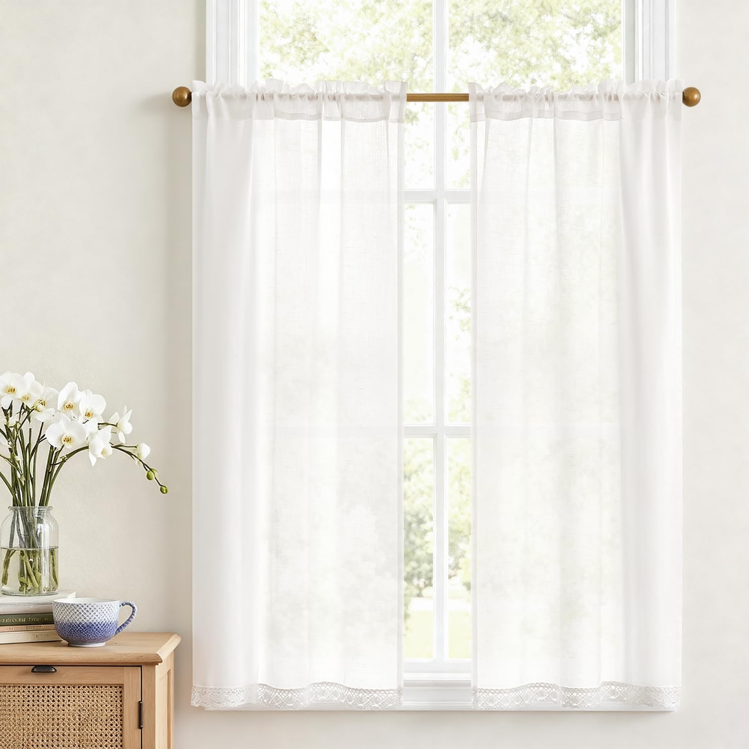 Vangao Scheibengardine Leinen Bistrogardine Halb Transparent Privatsphäre Uni Gardine Sheer Vorhang Paarig Schals Fensterschal