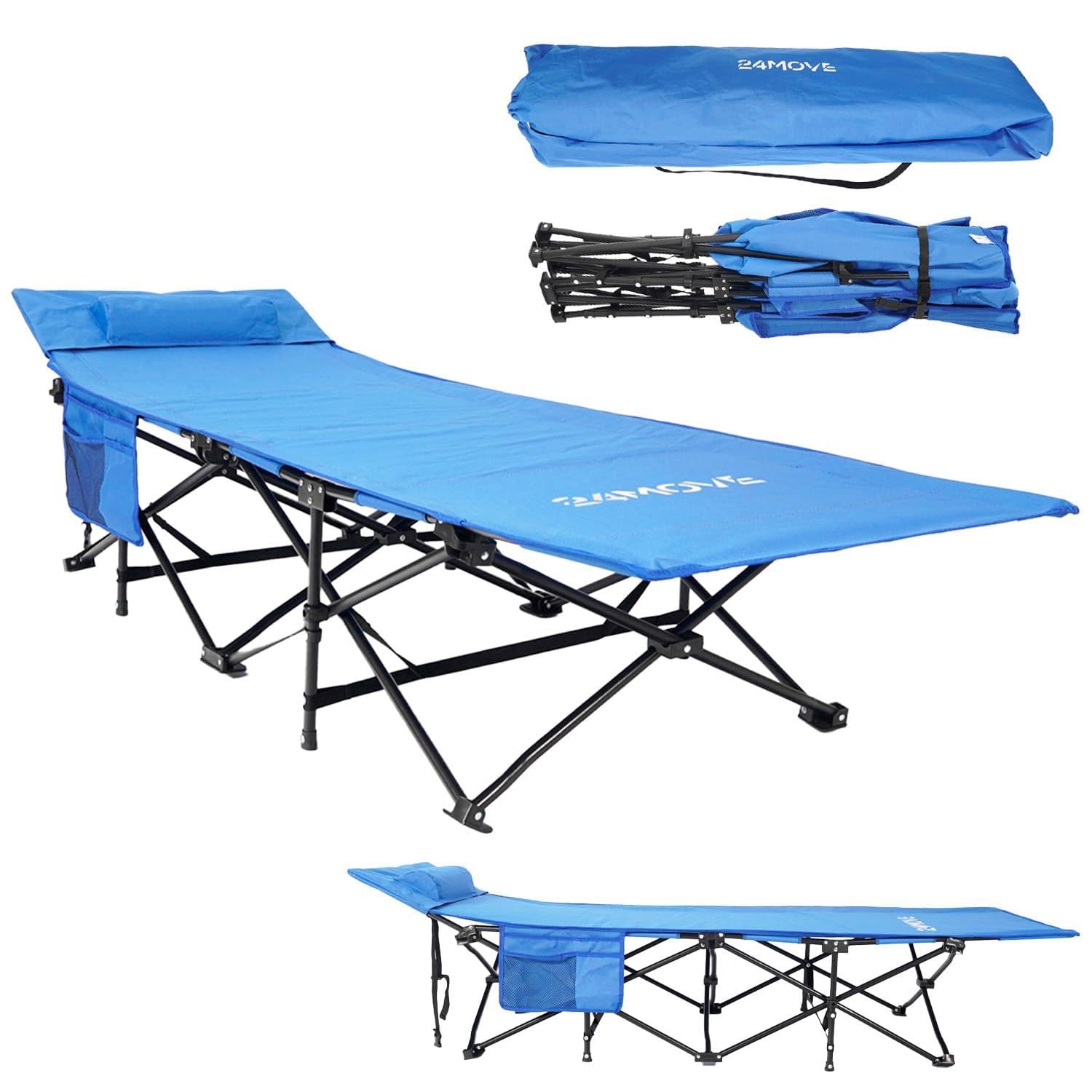 24MOVE® Feldbett Campingbett bis 150 kg In-und Outdoor Camping faltbar, 190 x 67 x 34cm, tragbar mit Tasche, für Garten oder Reisen, blau