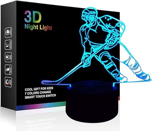 Lámpara nocturna de hockey lámpara 3D de jugador de hockey Ticent para niños 7 LED que cambian de color lámparas de escritorio táctiles juguetes