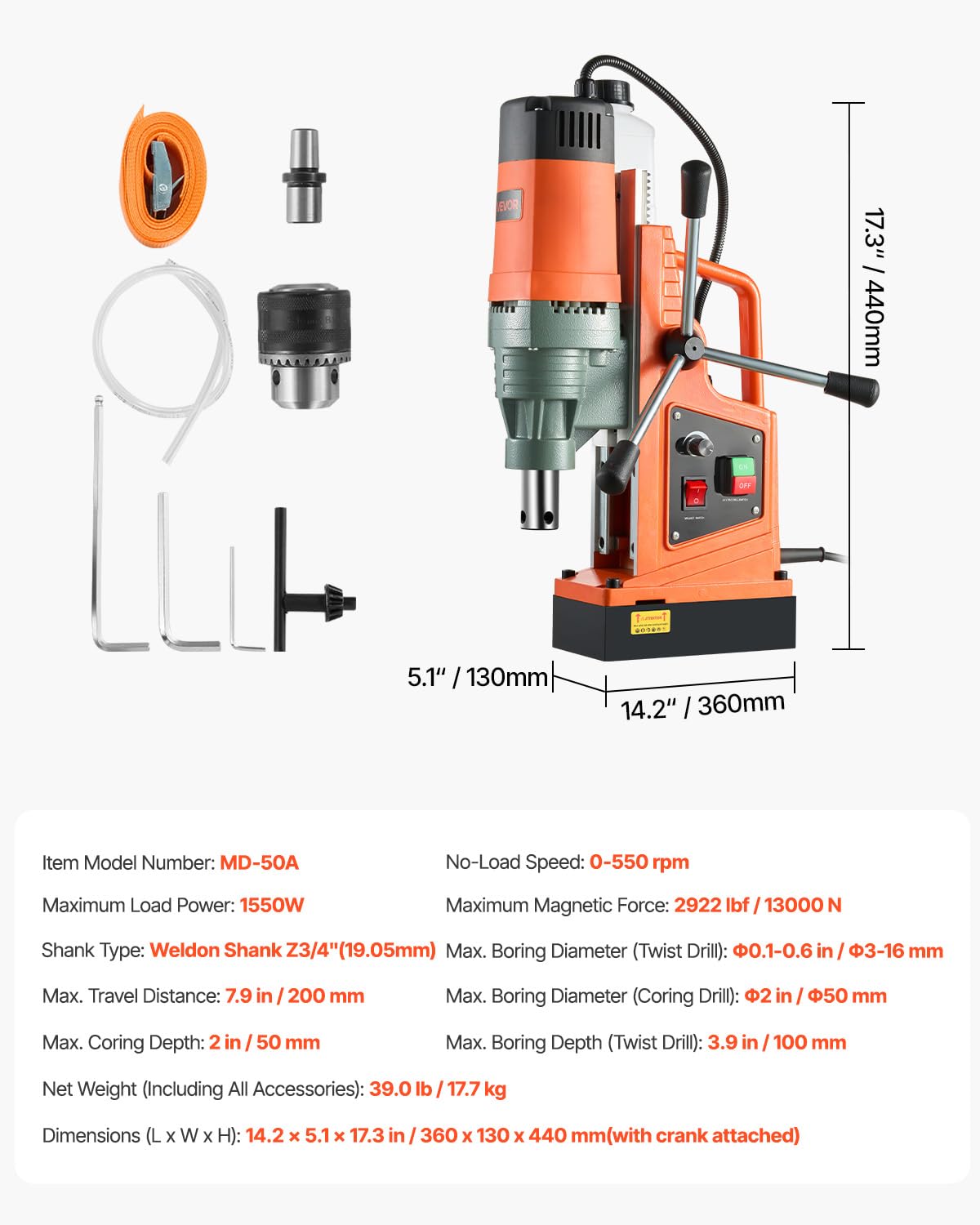 VEVOR Magnetbohrmaschine, 1550-W-Motor, Magnetbohrer 50 mm Kernbohrdurchmesser, 13000 N Magnetkraft, Drehzahlregelung 0–550 U/min, Kernbohrmaschine für Metalloberflächen, Heimwerkerbedarf