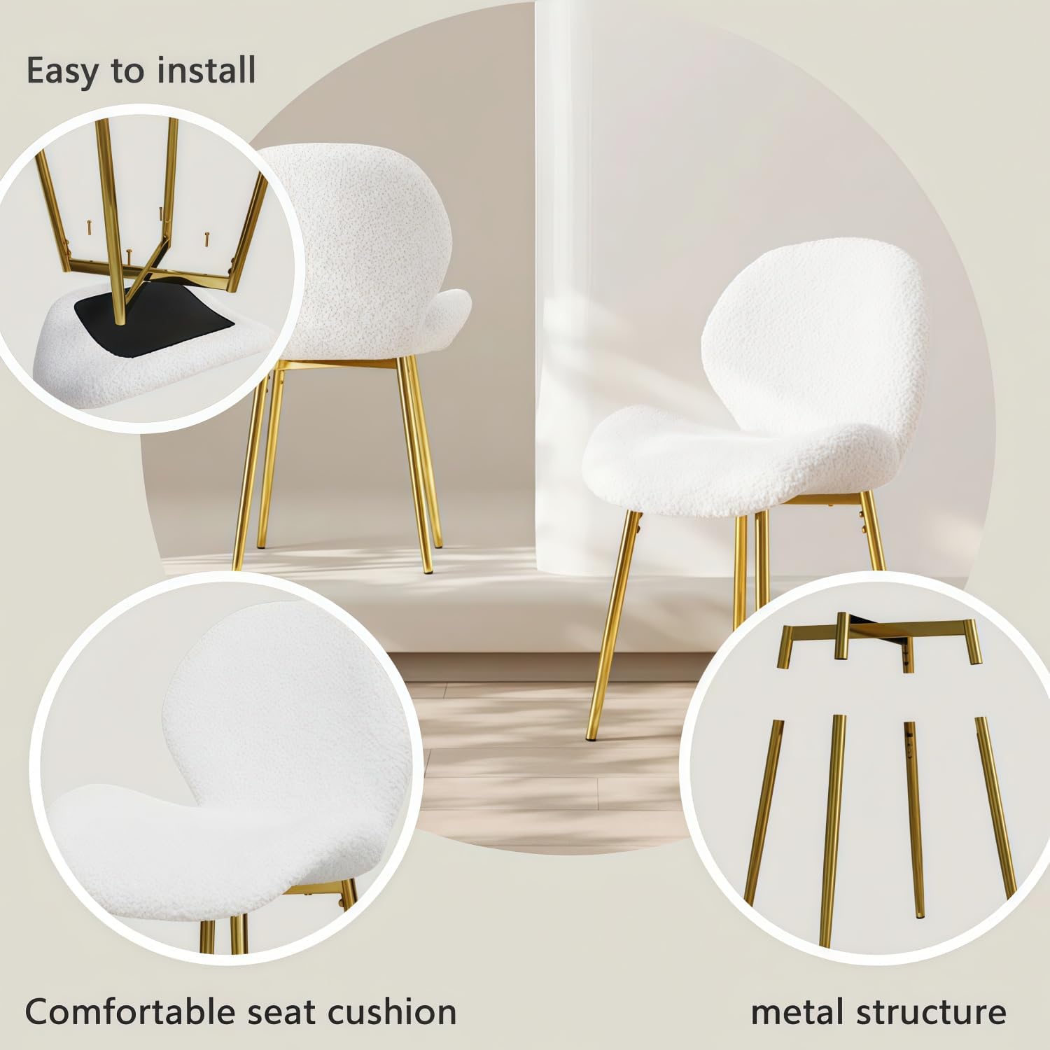 Set of 2 Soft Teddy Velvet Dinner Chairs with Shell-Shaped Back, Stable Metal Legs, Easy Assembly | Perfect for Kitchen, Living Room, Restaurant, Cafe (White)