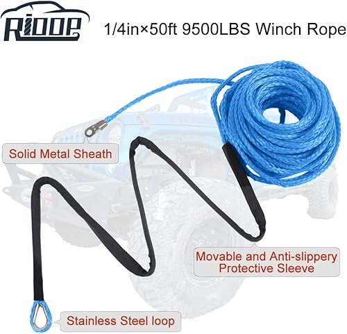 Miniatura 2 de RIOOP Cuerda de cabrestante sintética, línea de cable de cabrestante de 14 pulgadas x 50 pies 9,500 libras con funda protectora para ATV UTV (azul)
