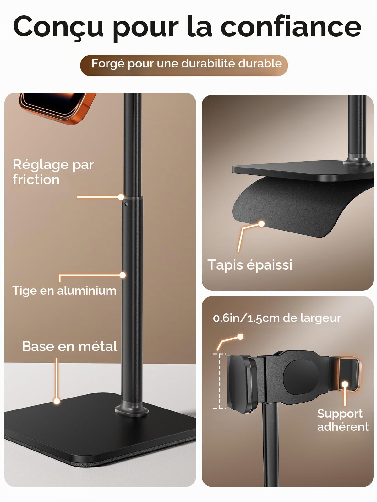 Tounee Support Téléphone Bureau, Réglable en Hauteur (8-11 Pouces) pour Lives, Vidéos & TikTok – Compatible avec iPhone 17/16/15, Samsung & Smartphones de 4-7 Pouces – Noir