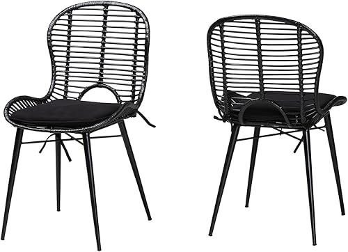 Baxton Studio Brenna Bohemian - Silla de comedor de ratán y metal con acabado negro