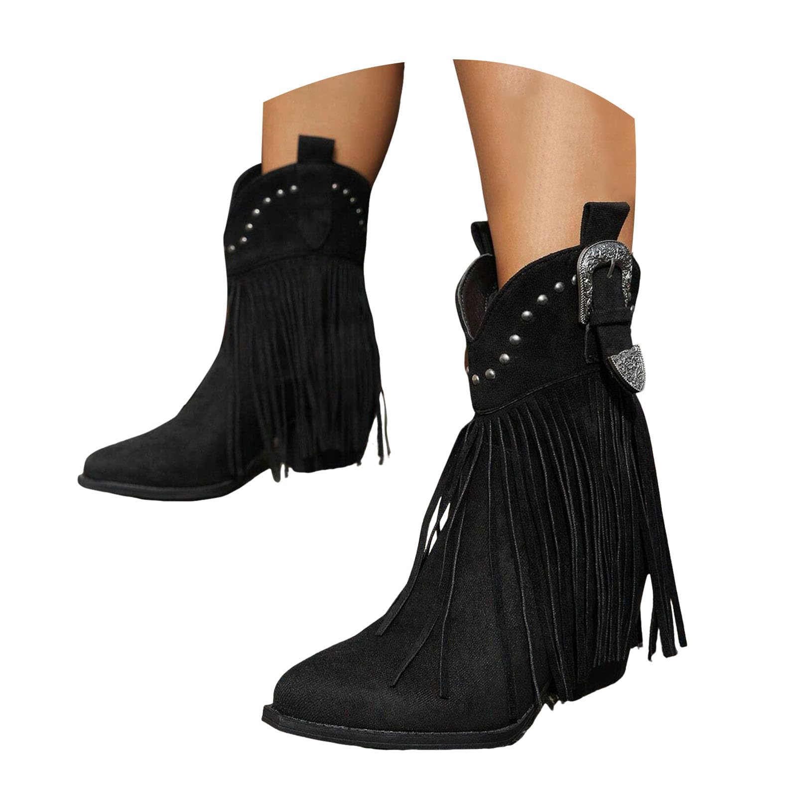 Womens Fringe Cowboy Cowgirl Boots Snip Toe Pull On Dress Western Ankle Booties Vintage Buckle Tassels Suede Wide