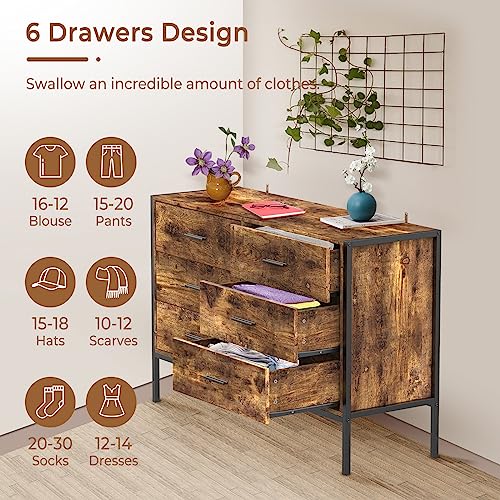 Lyromix Wood Dresser With 6 Drawers, Wide 48'' Wooden Storage Closet For Bedroom, Mid Century Modern Solid Clothes Cabinet With Sturdy Steel Frame, Rustic Brown, 48.43" W15.75 D31.30 H, 48Inch #TOP2