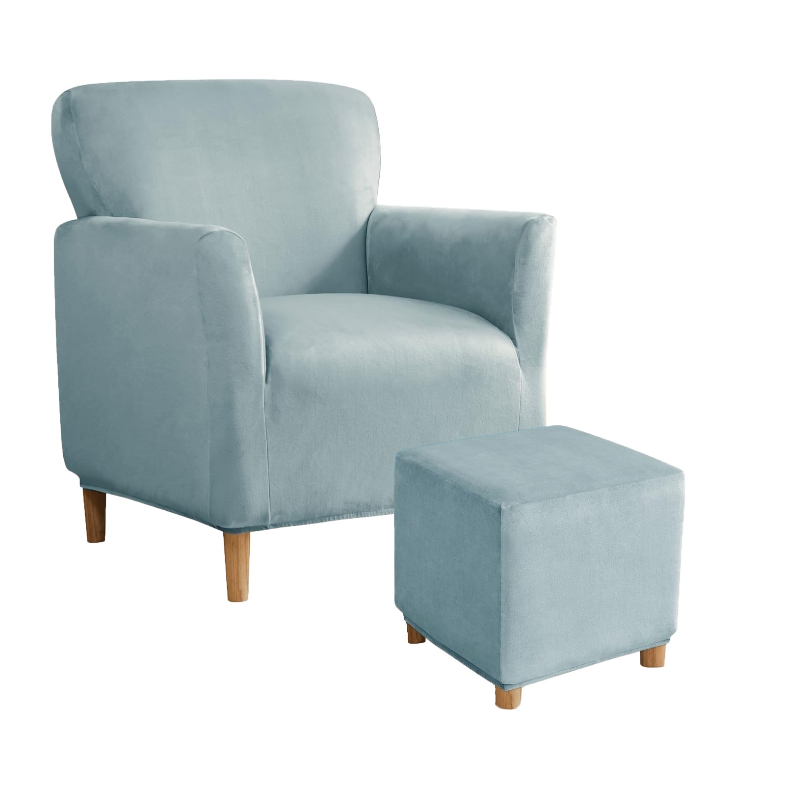 SYLC Stretch Velvet Armchair Sofa Covers with Ottoman Cover Rectangle/Square, Banquet Tub Chair Covers Footstool Slipcover Furniture Protector (Light blue,Chair+Ottoman Square S)