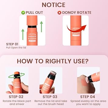 Blush Stick, Dual-Ended Cream Blush Stick with Built-in Brush, Blends Effortlessly, High Pigment Blushs Makeup, Long-lasting Multi-Stick for Cheeks and Lips (Coral Orange)