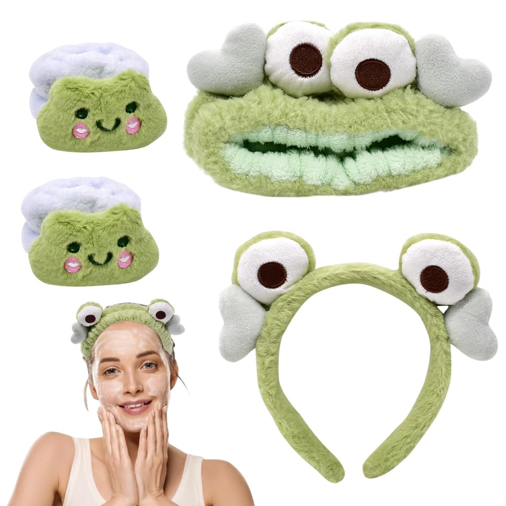 KASTWAVE Makeup Headband, 4 Packs Frog Headband, Spa Headband, Headband for Washing Face, Include Hairband Toiletry Wristband, for Women Girls for Spa Yoga Sports Shower