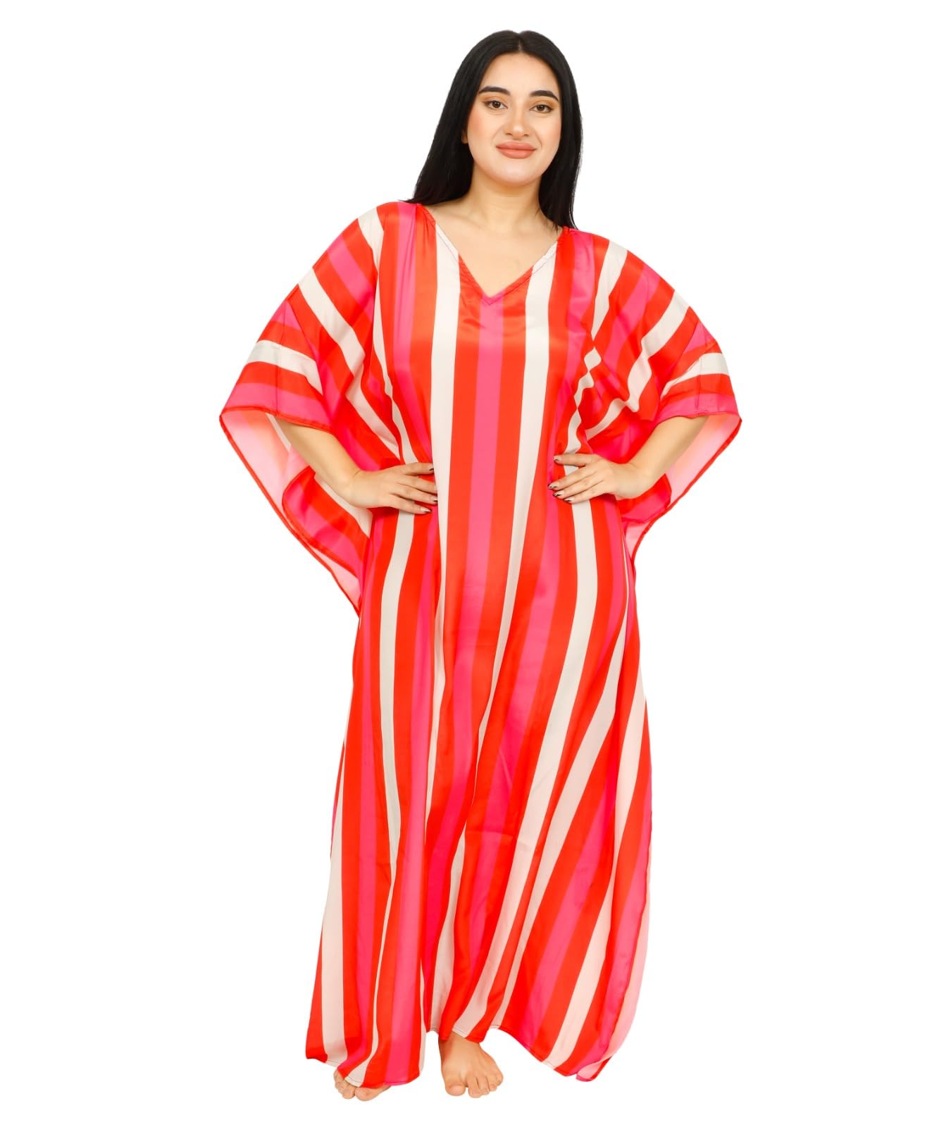art of creation Ethnic Print Satin silk Fabric Kaftan Dresses For Women Beach Dress Plus Size Swimsuit Cover Up (Red White)-picture-41
