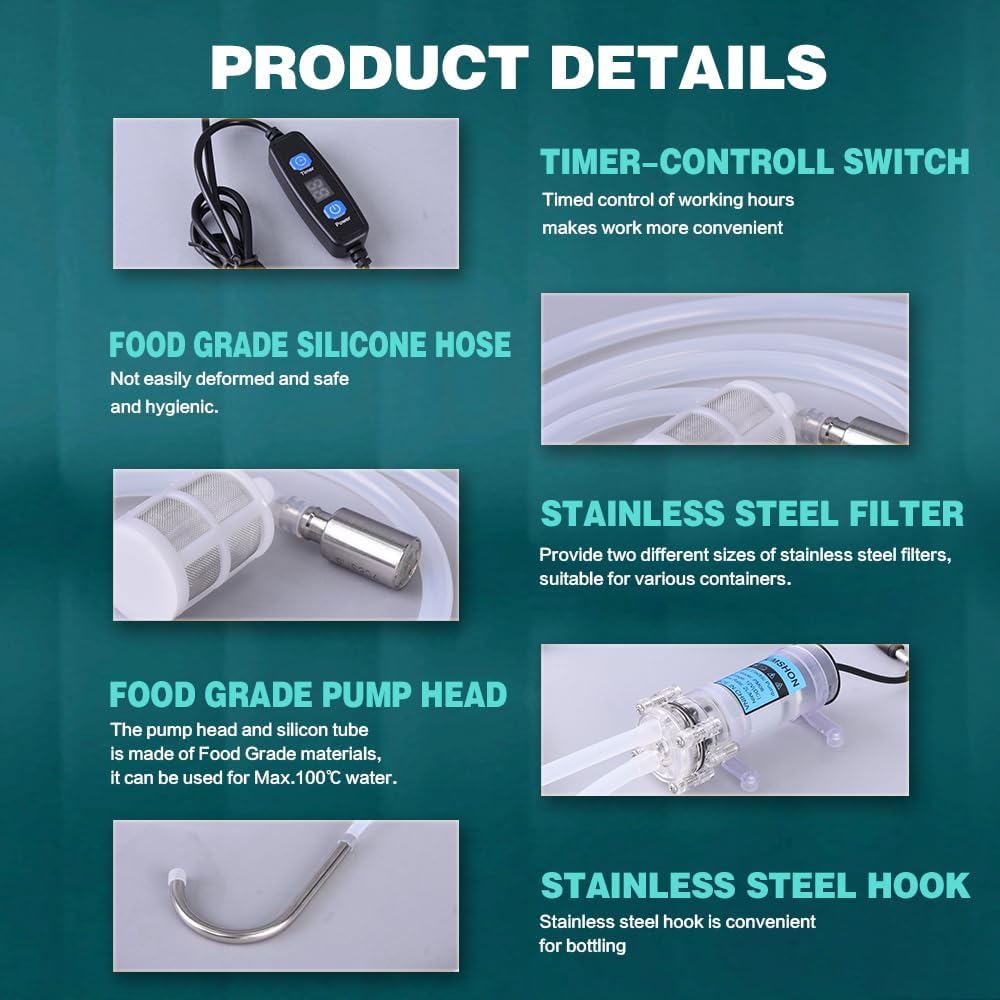 Electric Food Grade Auto Siphon Self Priming Pump for Bottling Home brew Wine,Beer and Kombucha,Water Transfer Pump 100-240V With Timer Control for Ice Maker Coffee Machine Water Cooling,2L/Min