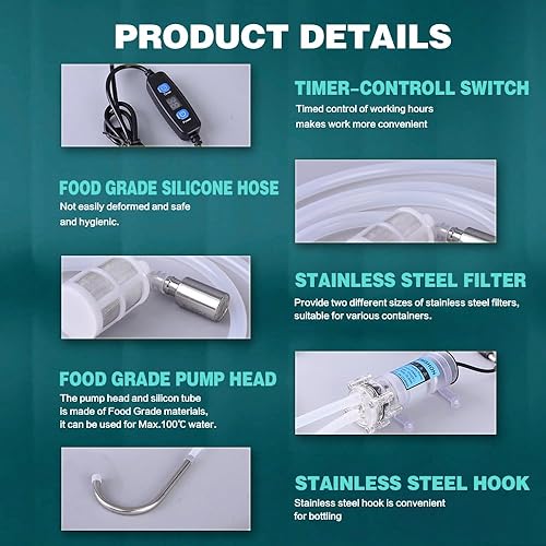 Miniatura 6 de Bomba autocebante eléctrica de grado alimenticio para embotellar vino, cerveza y kombucha, bomba de transferencia de agua de 100-240 V con control