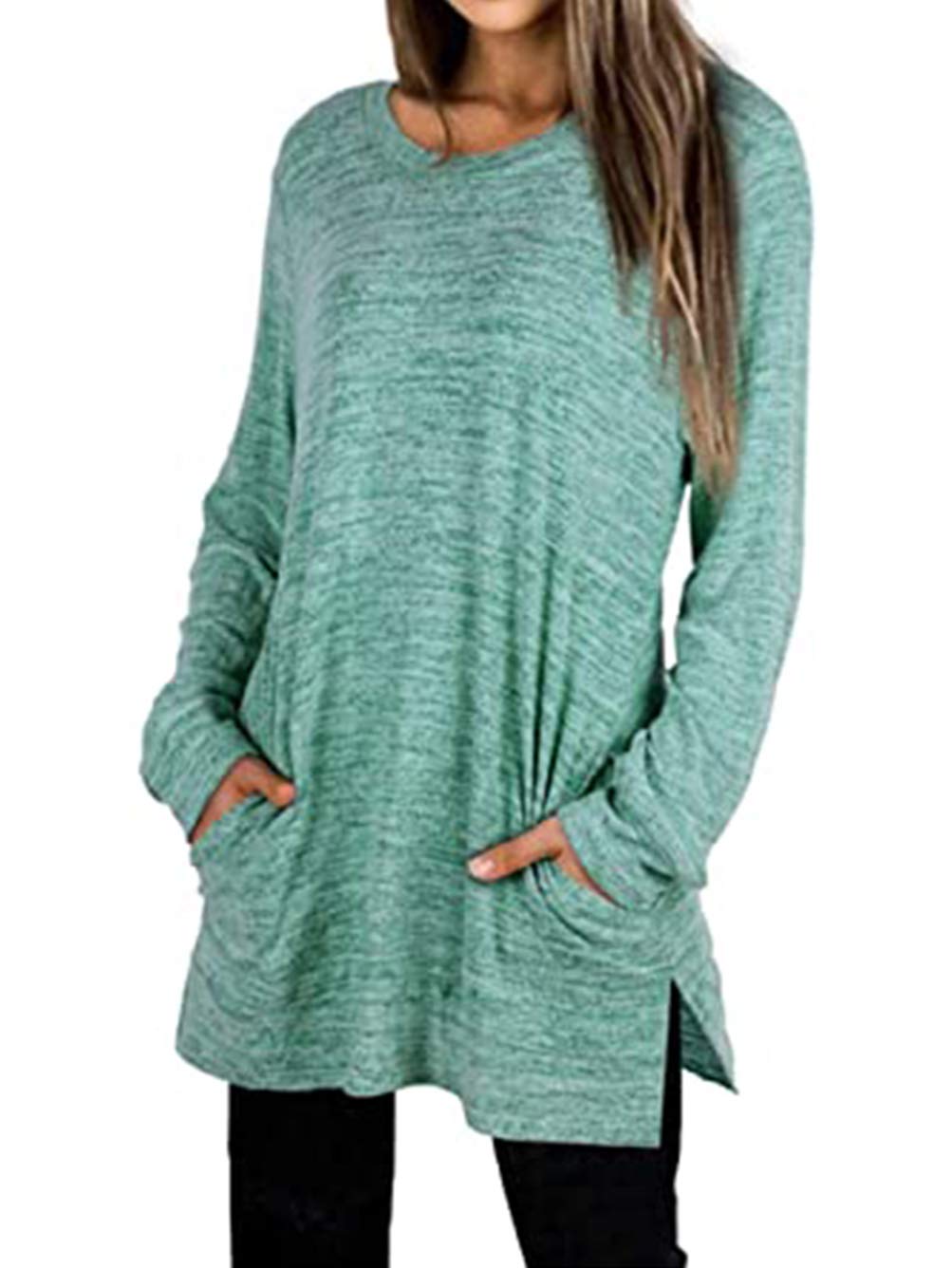 FamulilyCasual Plain Crewneck Split Side Cotton Long Sleeve Tops Tee Shirts with Pockets S-XXL