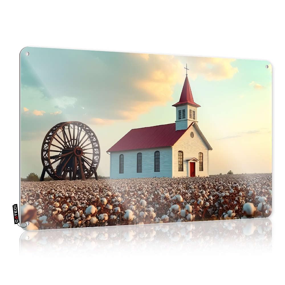 Tin Sign Face Decor Vintage Metal Art/Highland Welcome Tall Home For Men A Church Stands Amidst Field Of Cotton. - Funny Garden Wall