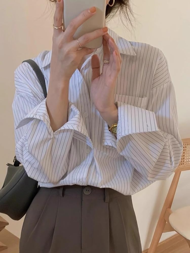 Women's Button Down Shirt Casual Office Work Shirt Korean Vintage Stripe Spring Blouse for Women