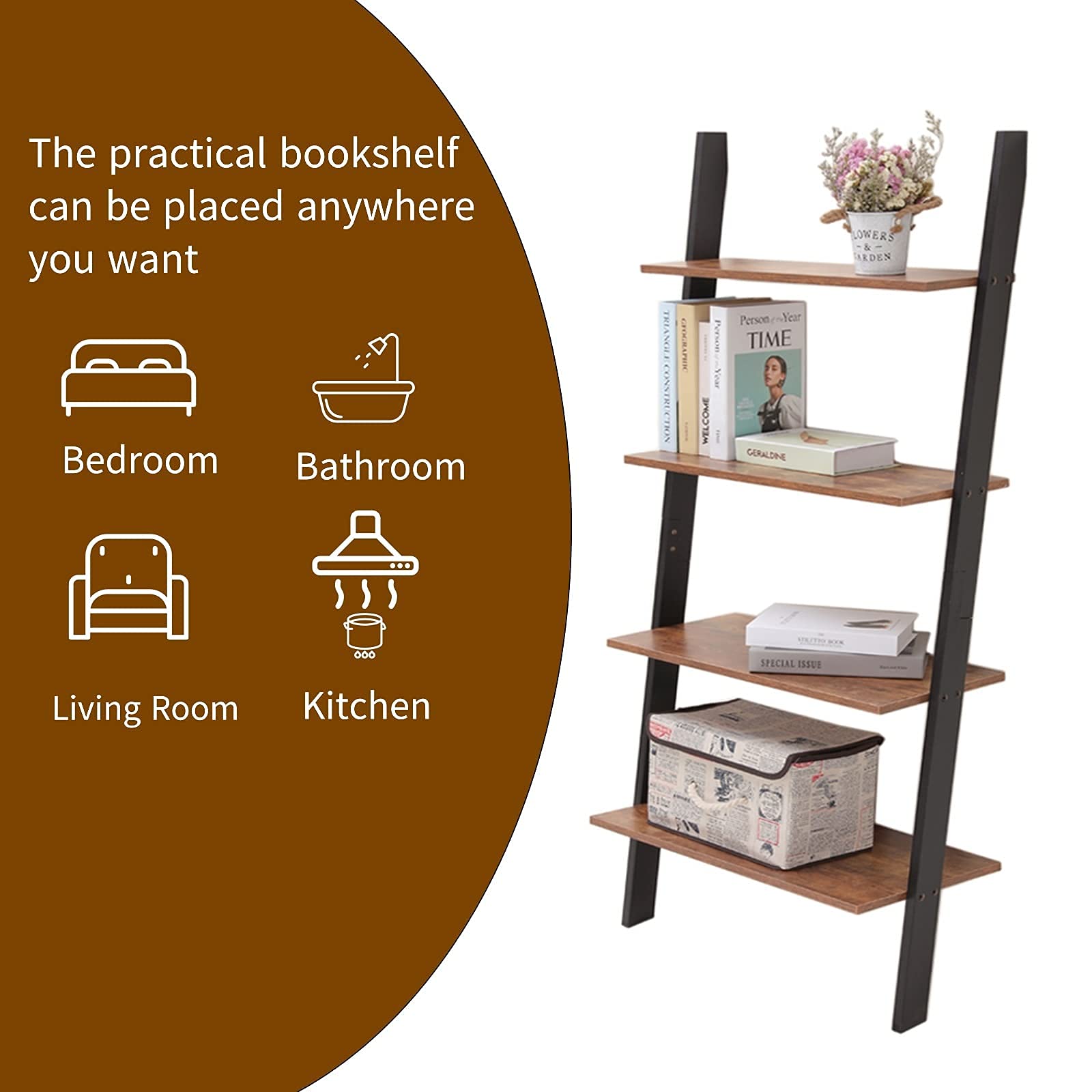 IWELL Ladder Shelf, 4Tier Leaning Shelf, Leaning Bookshelf for Living