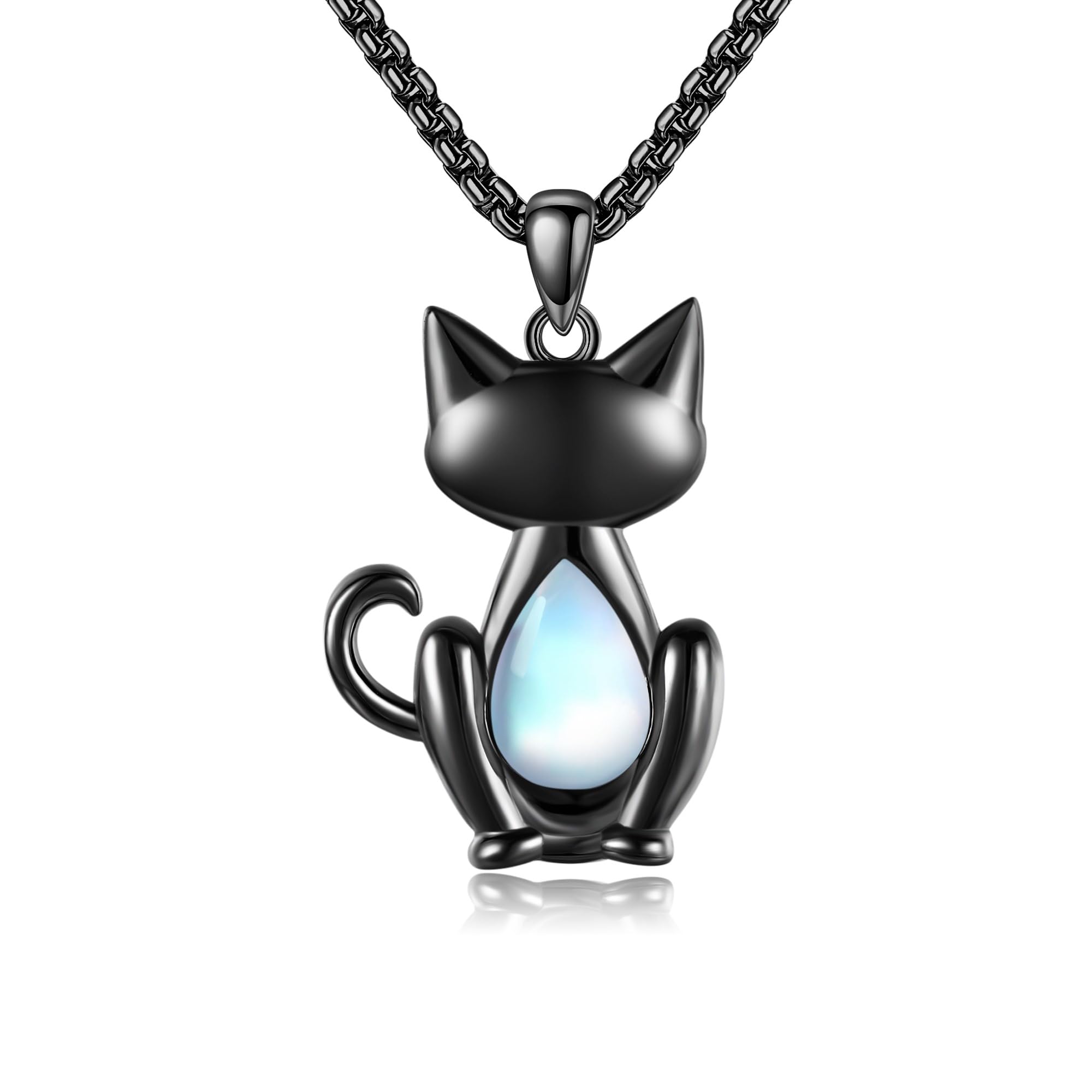 AXOMY Moonstone Cat Necklace for Women S925 Sterling Silver Black Cat Pendant Necklace Cat Jewelry Gifts for Women Cat Lovers