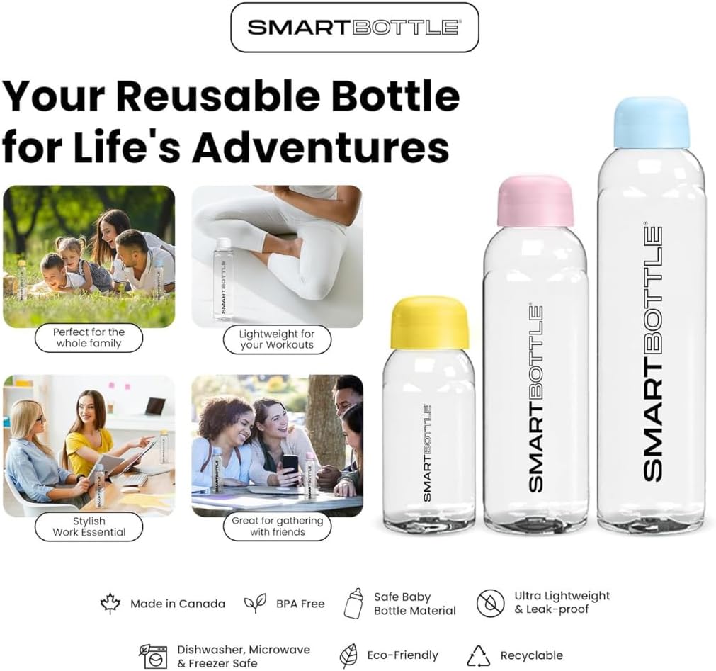 Smartbottle™ 16oz/500ml, Colorful Caps/Carry Rings, Leakproof, Clear, Lightweight Gym & Sport Bottles for Men, Women & Kids, BPA-Free, Dishwasher Safe, Made in Canada, 3-pack (Light Pink)