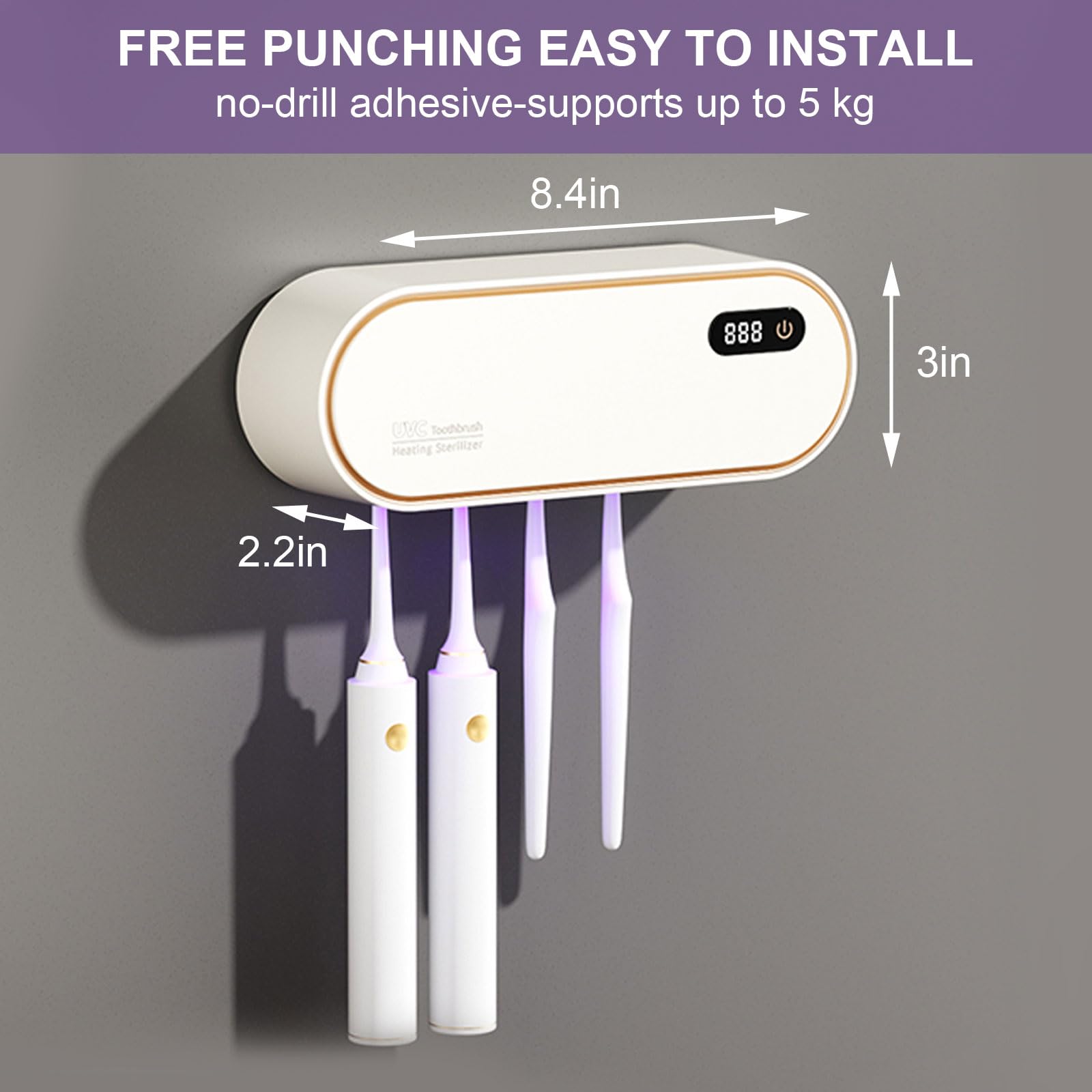 mumisuto UV Sanitizer uchwyt na szczoteczki do zębów, ścienny, bez wiercenia, z funkcją suszenia i timera, 1800 mAh, z możliwością ponownego ładowania, 4 otwory, akcesoria łazienkowe dla dzieci i