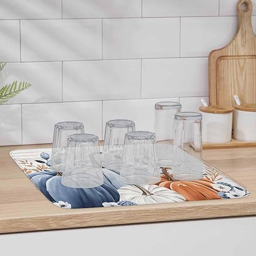 Miniatura 5 de Tapete de secado de platos de otoño de calabazas azules, naranjas y grises para encimera de cocina, almohadilla de secado de microfibra para Hola