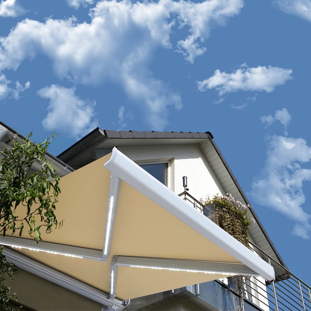 Home Deluxe - Toldo LED cofre completo ELOS - color arena, 350 x 250 cm - incl. sensor de viento y sol, mando a distancia, manivela, material de montaje I Cubierta de patio Protección solar Protección