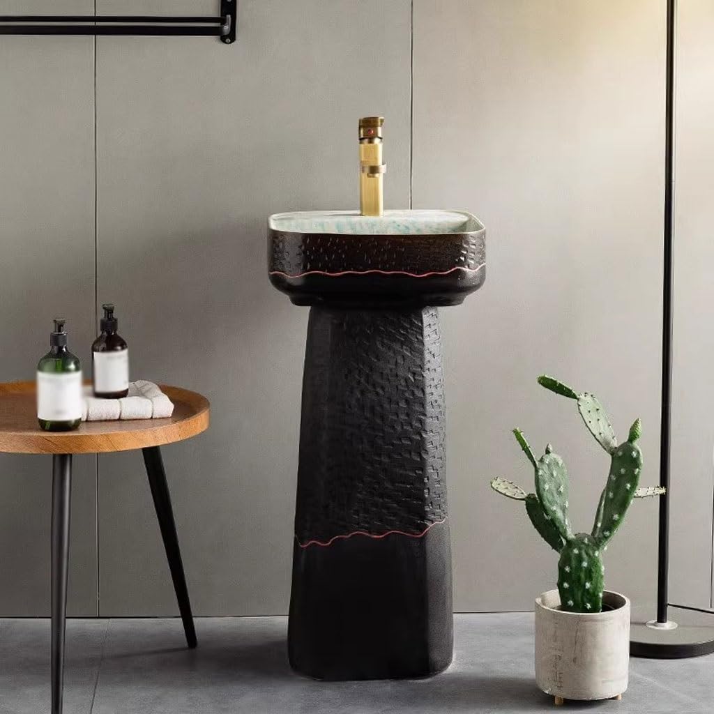 Bathroom Countertop Vessel Sink Outdoor Courtyard Pedestal Basin Black Retro Floor-standing Ceramic Wash Pedestal Sink Vanity