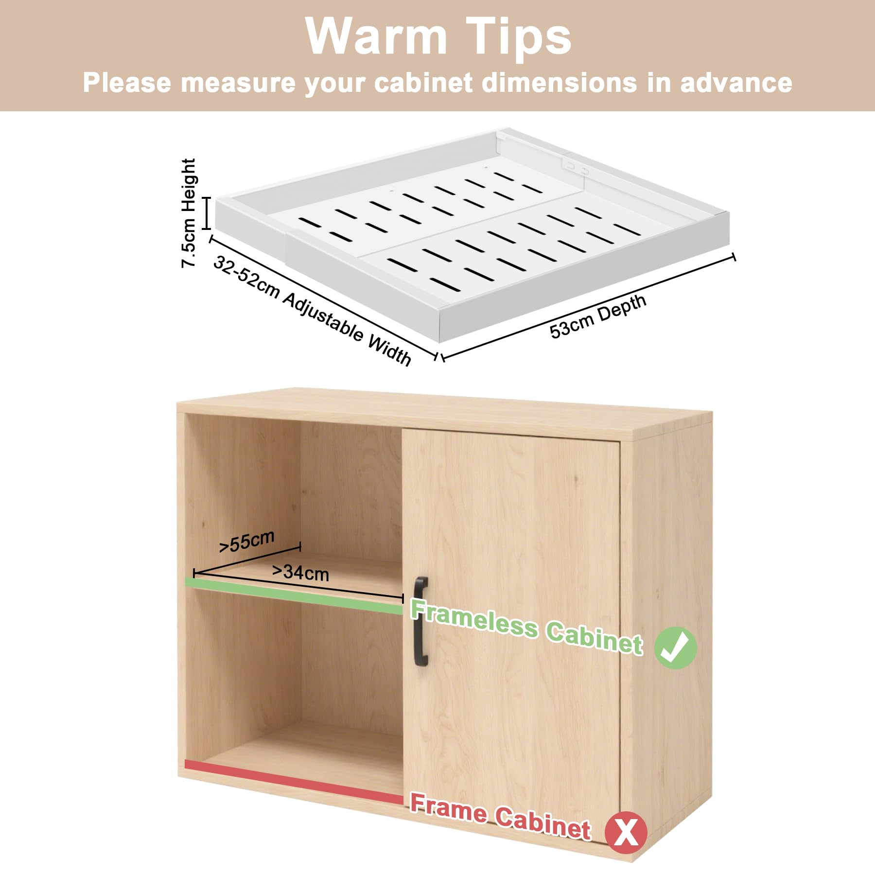 2 Pezzi Cassetto Estraibile Cucina, Organizer Cassetti Senza Forature e Chiodi, con Nastro Nano, Cassetto Telescopico da Incollare, Aggiorna 3 Tracce, (32-52 cm L x 53 cm P x 7.5 cm A), Bianco