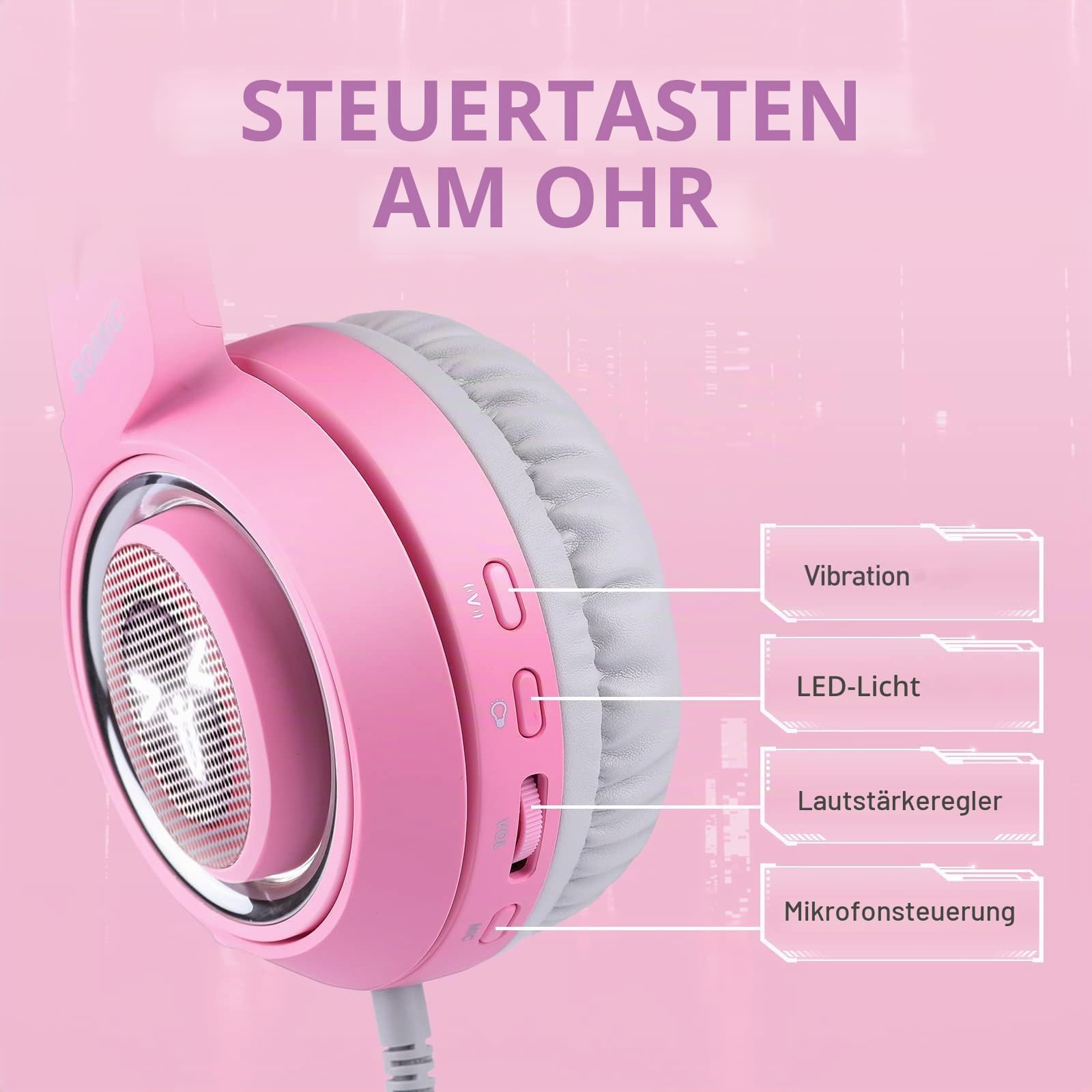 Somic G951rosa Rose Kat Gaming Headset Kopfhörer mit Virtuell 7.1 Klingen und LED Licht, Mikrofon für Computer, PS4, Laptop an Freundin, Frau (USB Stecker) USB-Buchse Rose