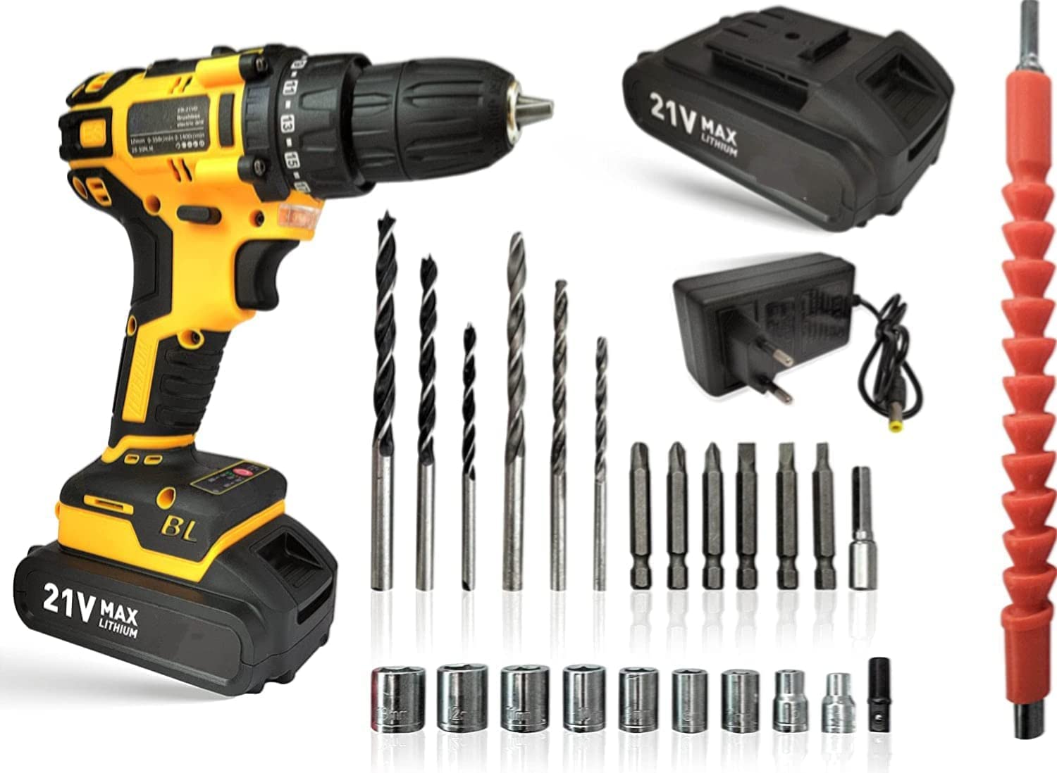 VENEKETY EASY BULL EB-21VD Brushless Cordless Drill Machine/Driver With 2 batteries Reversible Switch Multi-Torque ClutchKeyless Chuck&24Accessories Kitbox- Wood Metal&Concrete 5C 2Ah 21Volts10MM