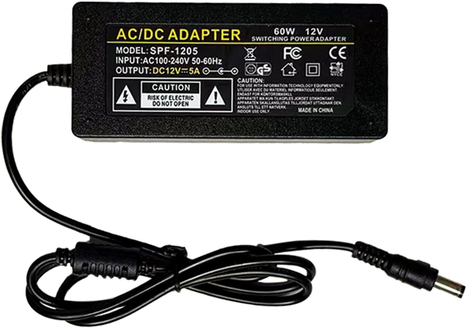Neon Sign DC Power Supply Adapter 12V 5A 60W, UL Listed LED Power Adapter 120V AC to 12V DC Transformer for LED Strip Lights Neon Sign and More
