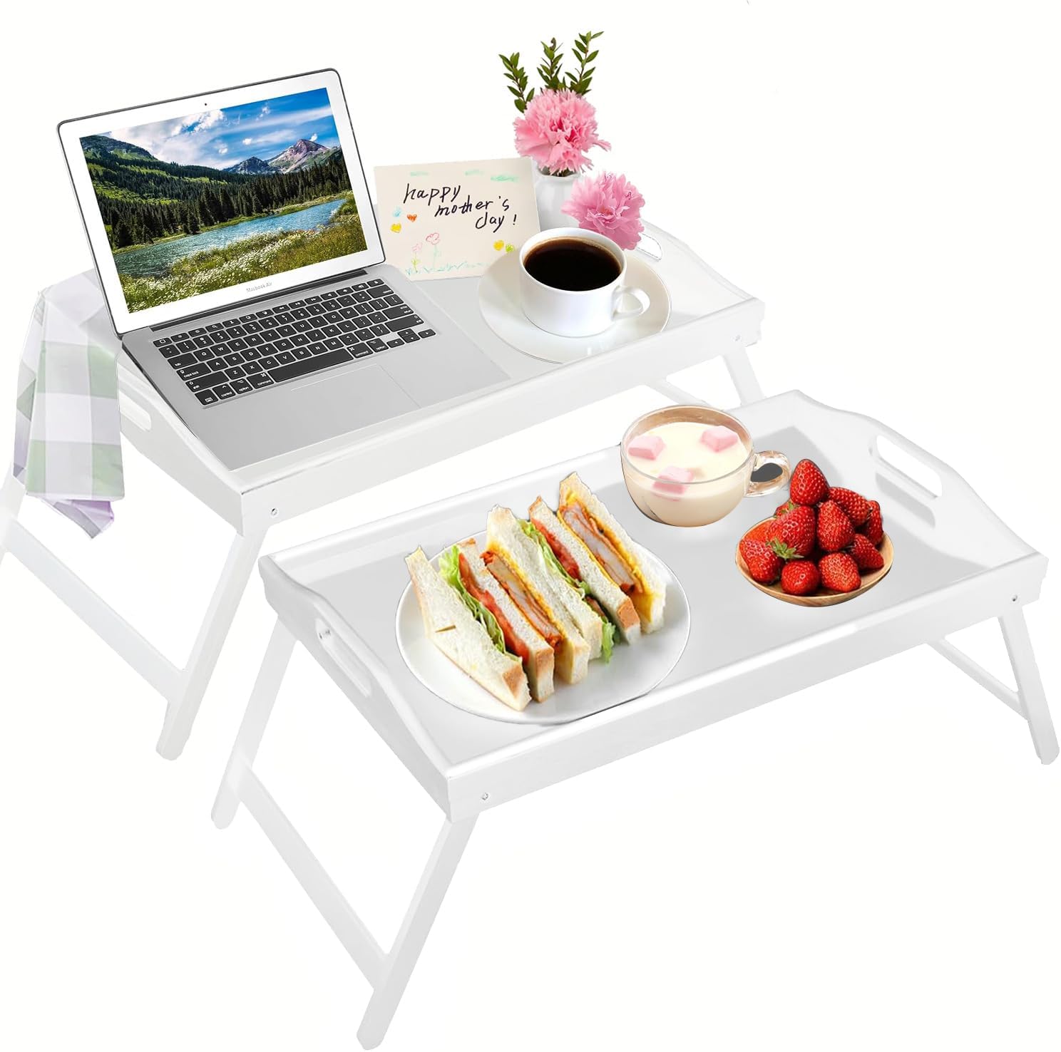 INNOVATIVE LIFE 2-Pack Bed Tray Table with Folding Legs Wooden Serving Breakfast in Bed or Platter Tray,TV Table Laptop Computer Tray Snack Tray Large Size, White