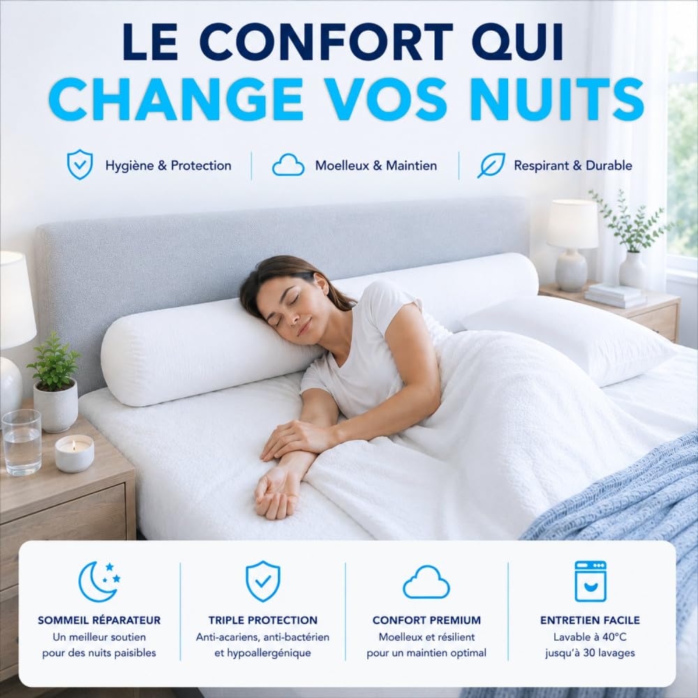 Alpes Blanc Traversin Anti-Acariens 180 cm – Enveloppe 100% Coton Respirant | Anti-bactérien & anti-moisissures • Garnissage & confort moelleux • Lavable à 40°C • Fabriqué en France