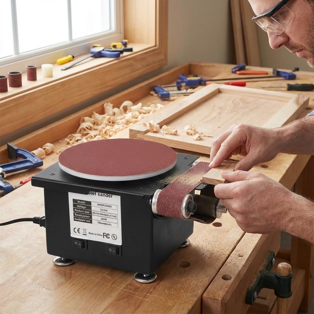 2 in 1 Mini Belt Disc Sander, Bench Grinder with Adjustable Speed, Small Spindle Sander Machine for Wood Metal Stone DIY Grinding, Compact Electric Sander for Home Workshop and Craft Projects