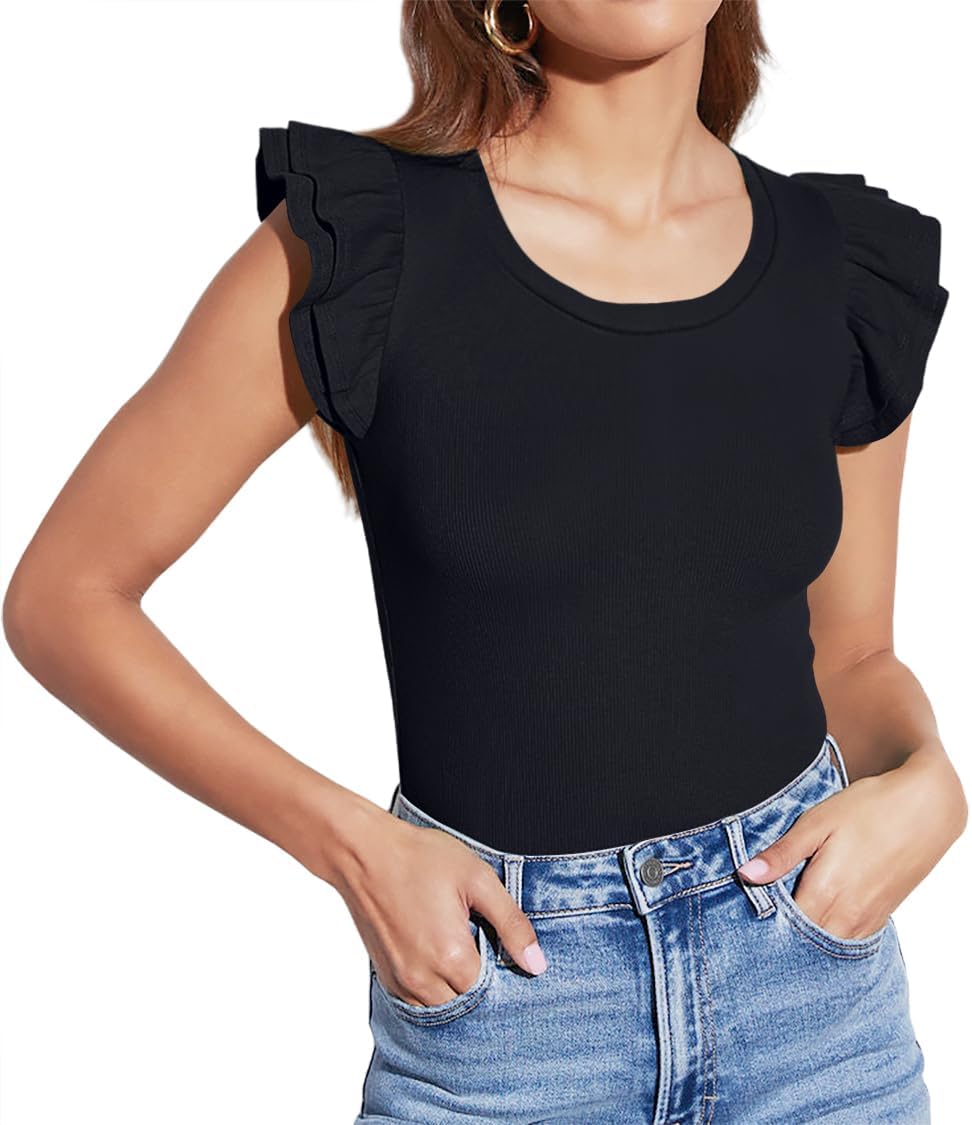 Lacozy Ruffle Sleeve Tops for Women Crewneck Short Sleeve Ruffle T Shirts Casual Basic Cute Workout Top Trendy Clothes
