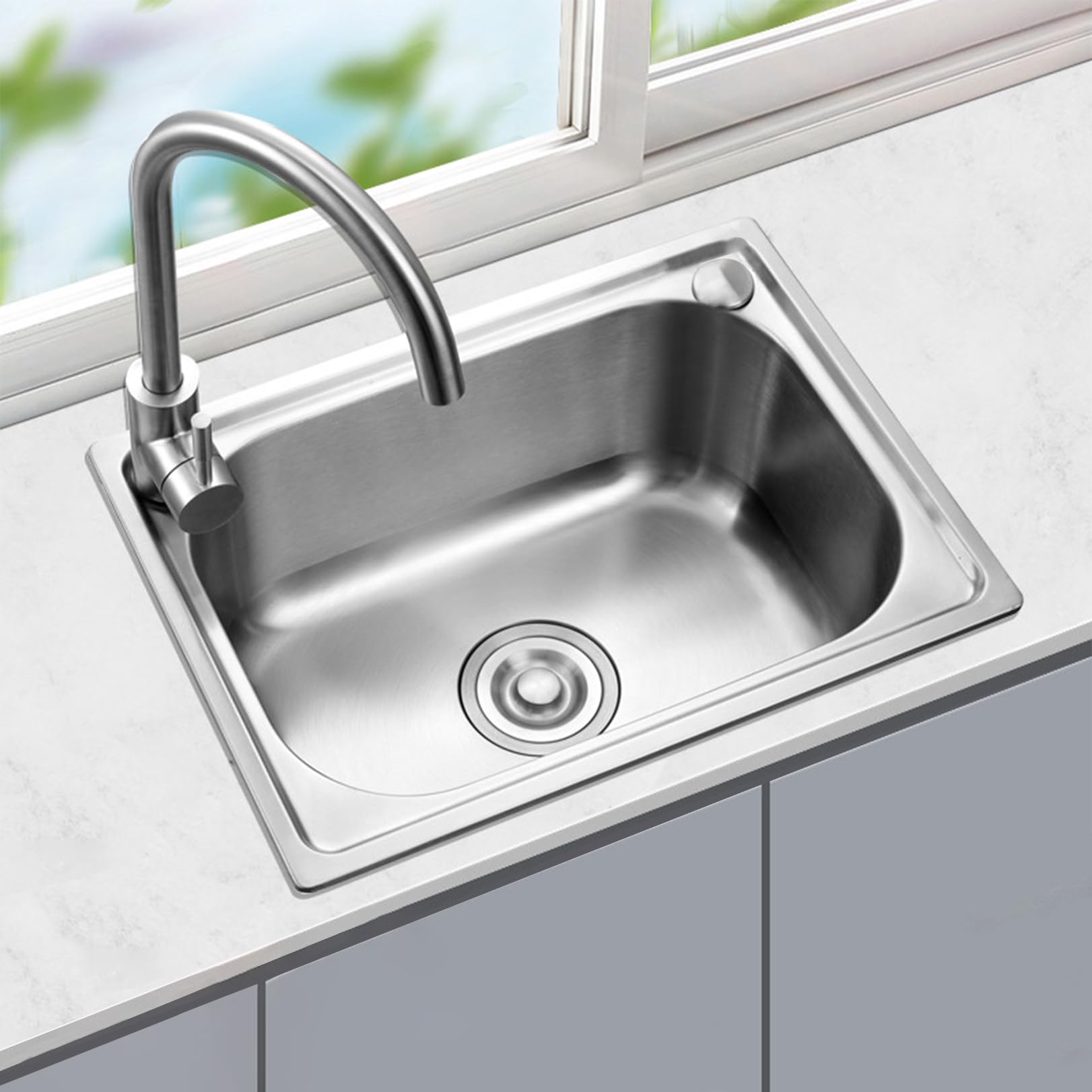 ZQFHSX Kitchen Sink Single Bowl Utility Built-in with Hot and Cold Faucet, Rounded Corners Wash Basin Bar Workstation Suitable for Washing Vegetables Fruits