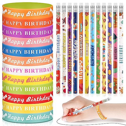 Sabary 48 Pcs Happy Birthday Pencils Rubber Bracelets Set Birthday Party Favors Pencils Silicone Wristbands Bracelet for Kids Students Teachers Classroom Reward Gifts(Cute Style)