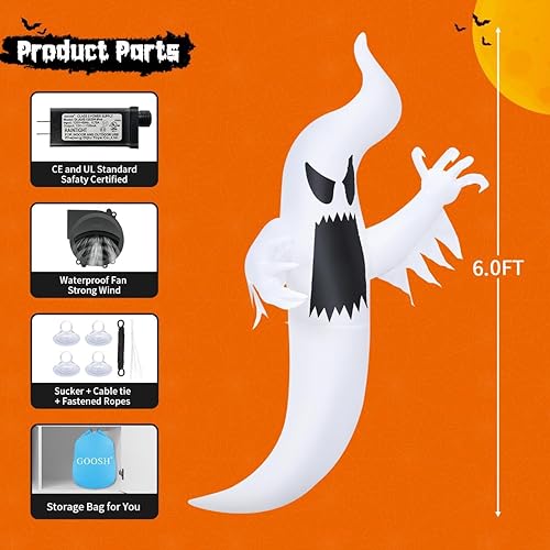 Miniatura 6 de GOOSH Fantasma inflable de Halloween de 6 pies para decoración de ventana al aire libre, fantasma colgante multicolor con LED integrados para