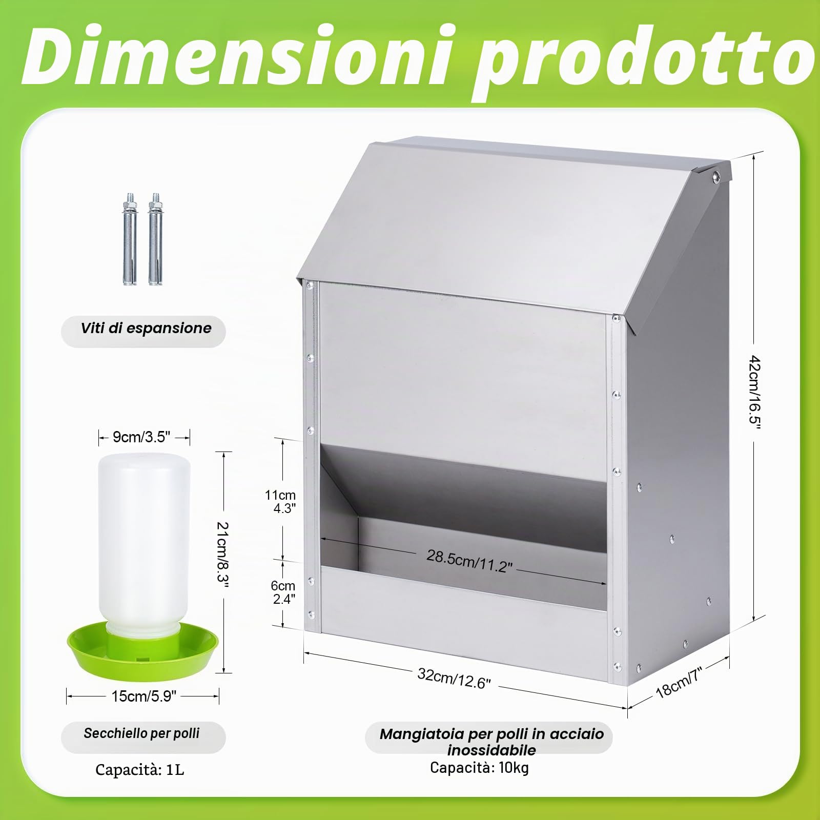Distributore Automatico Mangime Per Polli, 10 Kg di Mangime per Pollame Appeso in Acciaio Inox con Abbeveratoio per Polli, Senza Sprechi, Mangiatoia per Pollai All'Aperto, Mangiatoia per Anatre, Oche
